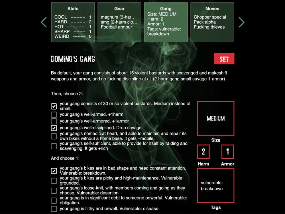 AW Central screenshot of form for selecting gang details