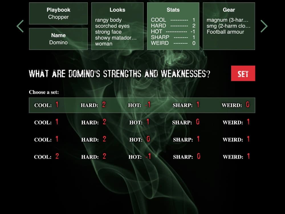 AW Central screenshot of form for selecting character stats