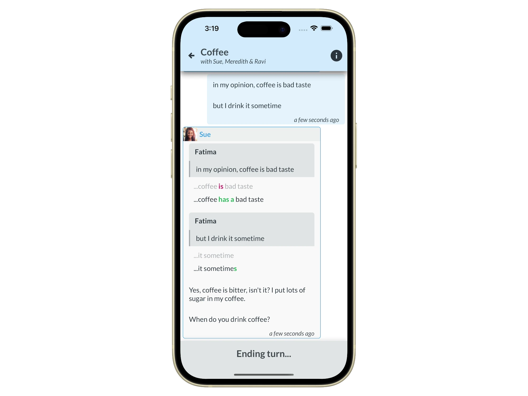 Feedback to English learner on Chatloop mobile app