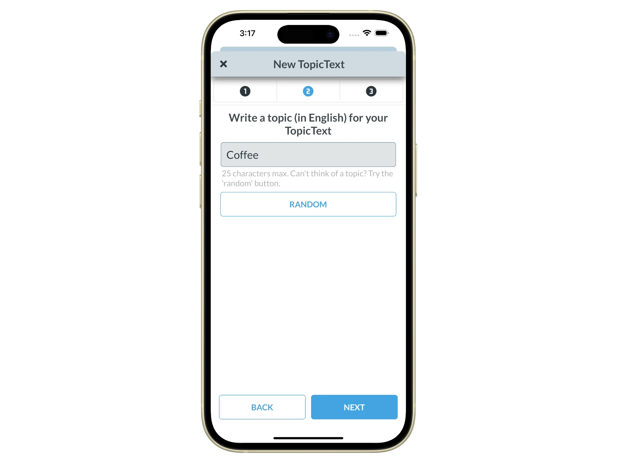 Creating a new TopicText activity on Chatloop mobile app