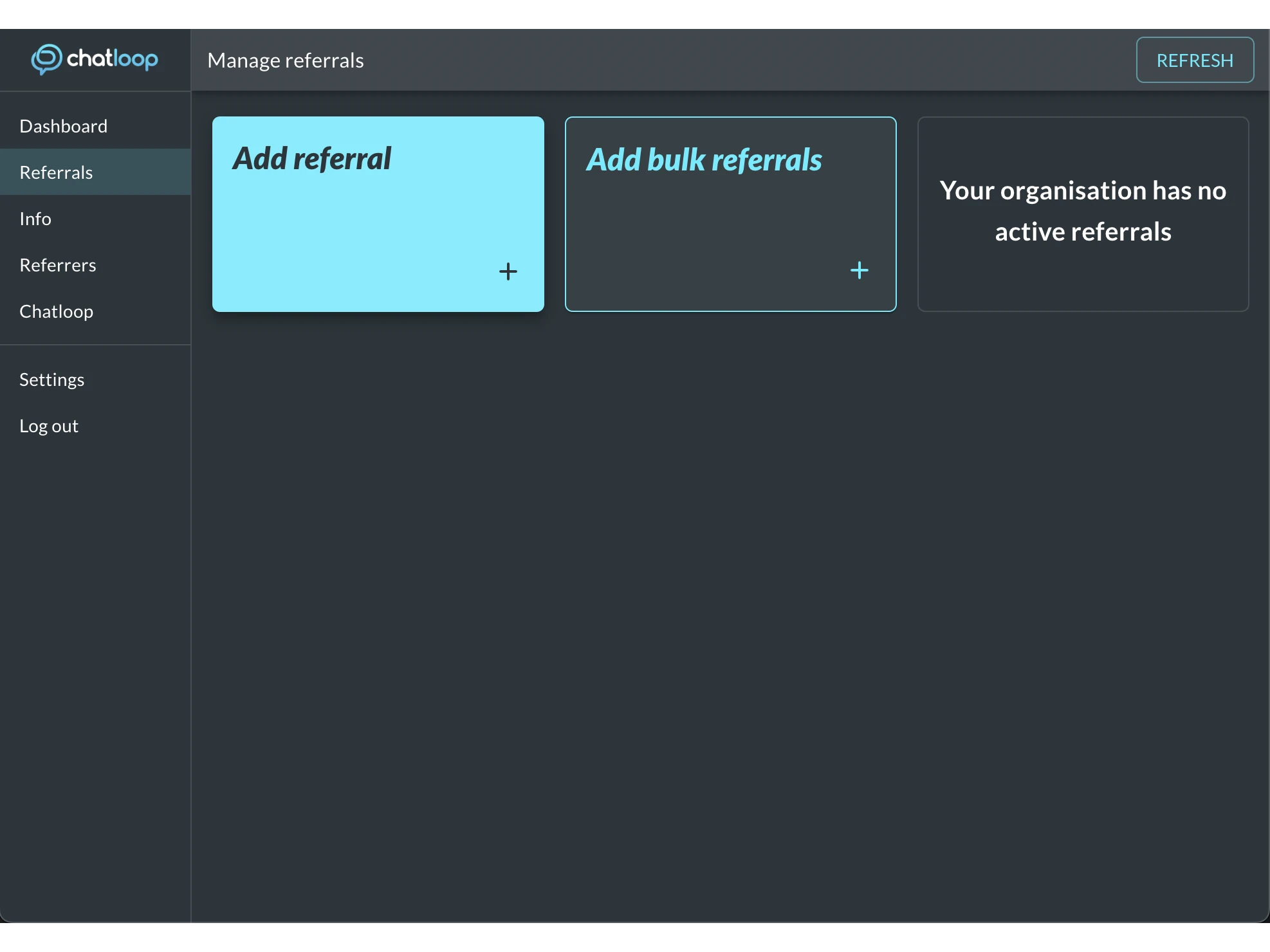 Referrals page on the Chatloop Refer web app
